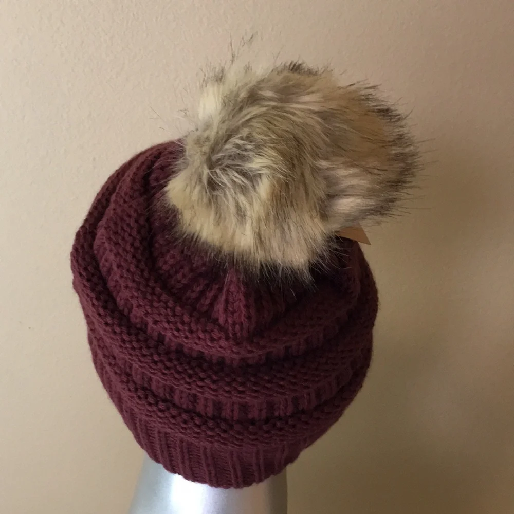 C.C Knit Beanie With Faux Fur Pom